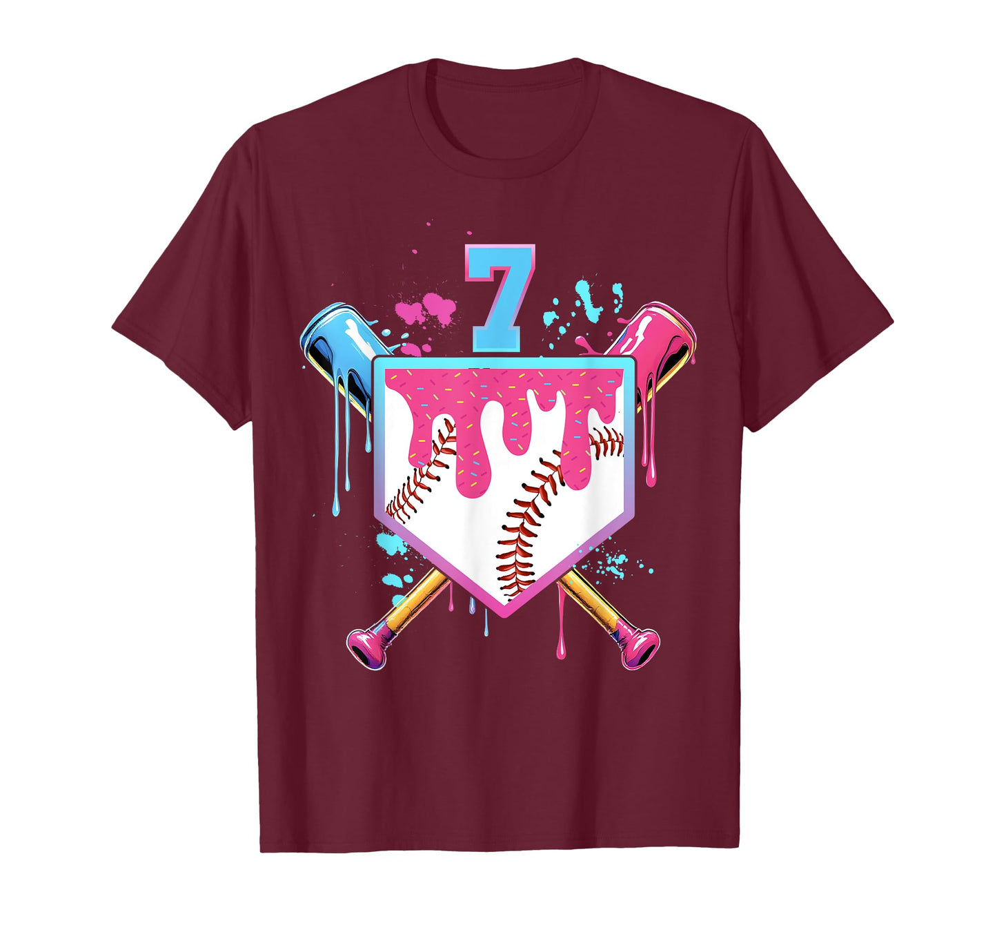 Baseball 7 Year Old Ice Cream Drip 7th Birthday Boy Number 7 T-Shirt