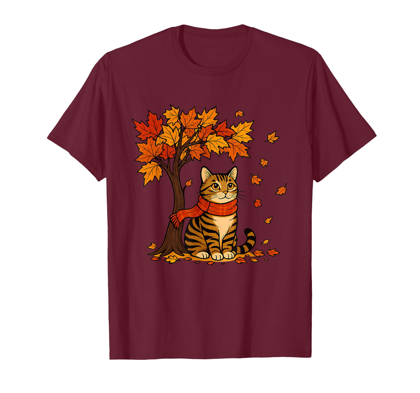 Autumn Cat Scarf Fall Vibes Falling Leave Tree Thanksgiving T-Shirt