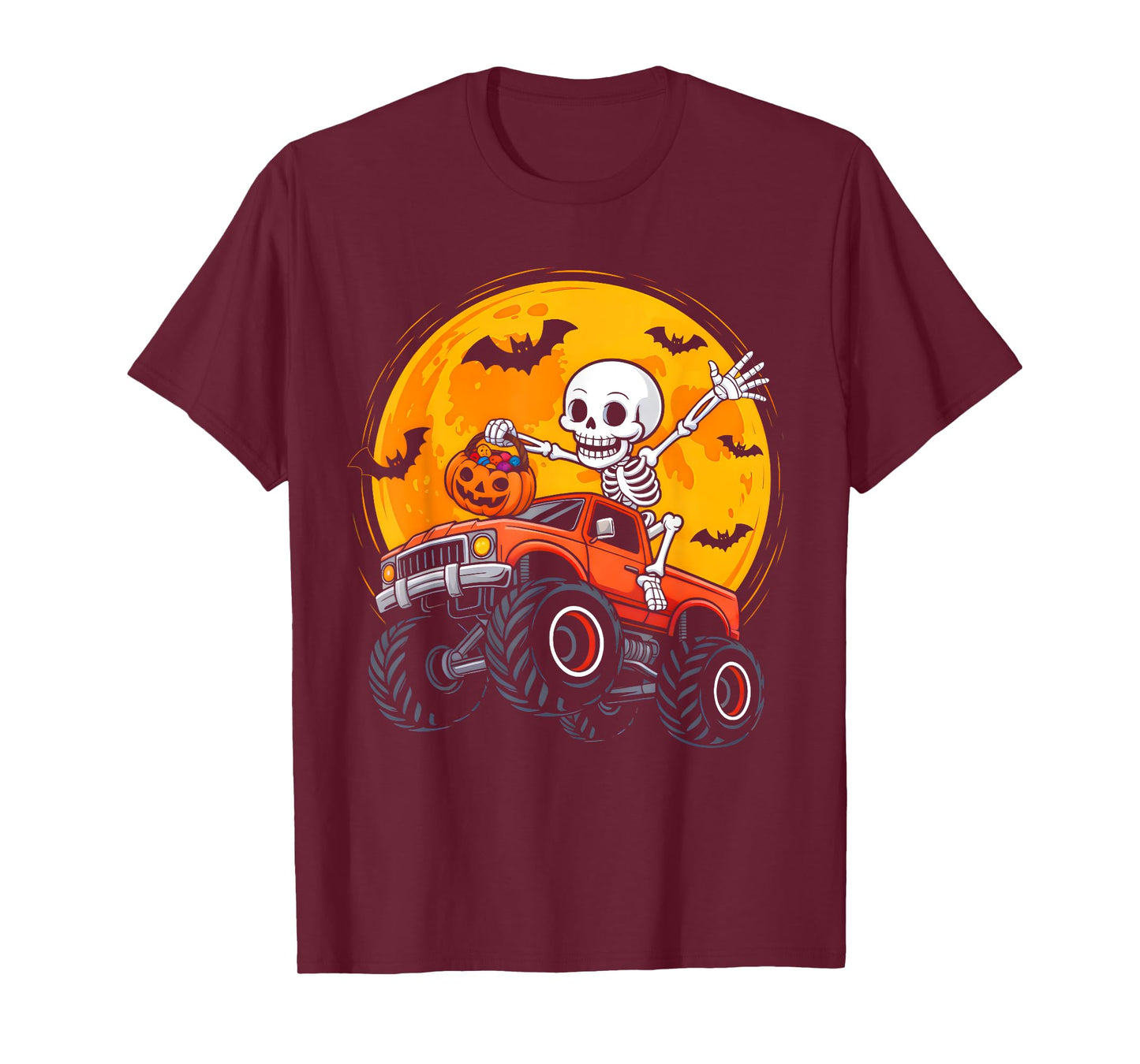 Skeleton Monster Truck Moon Pumpkin Halloween Boys Kids T-Shirt