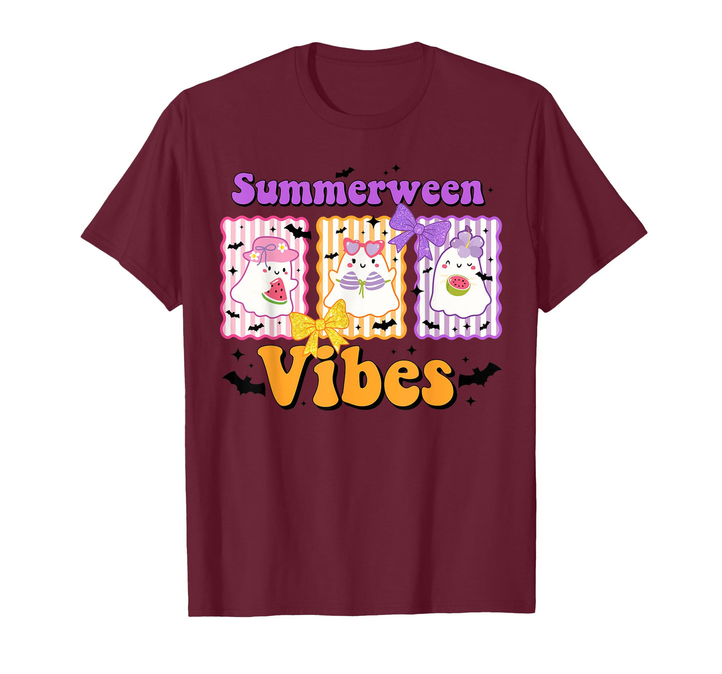 Funny Summerween Vibes Cute Ghost With Watermelon Coquette T-Shirt