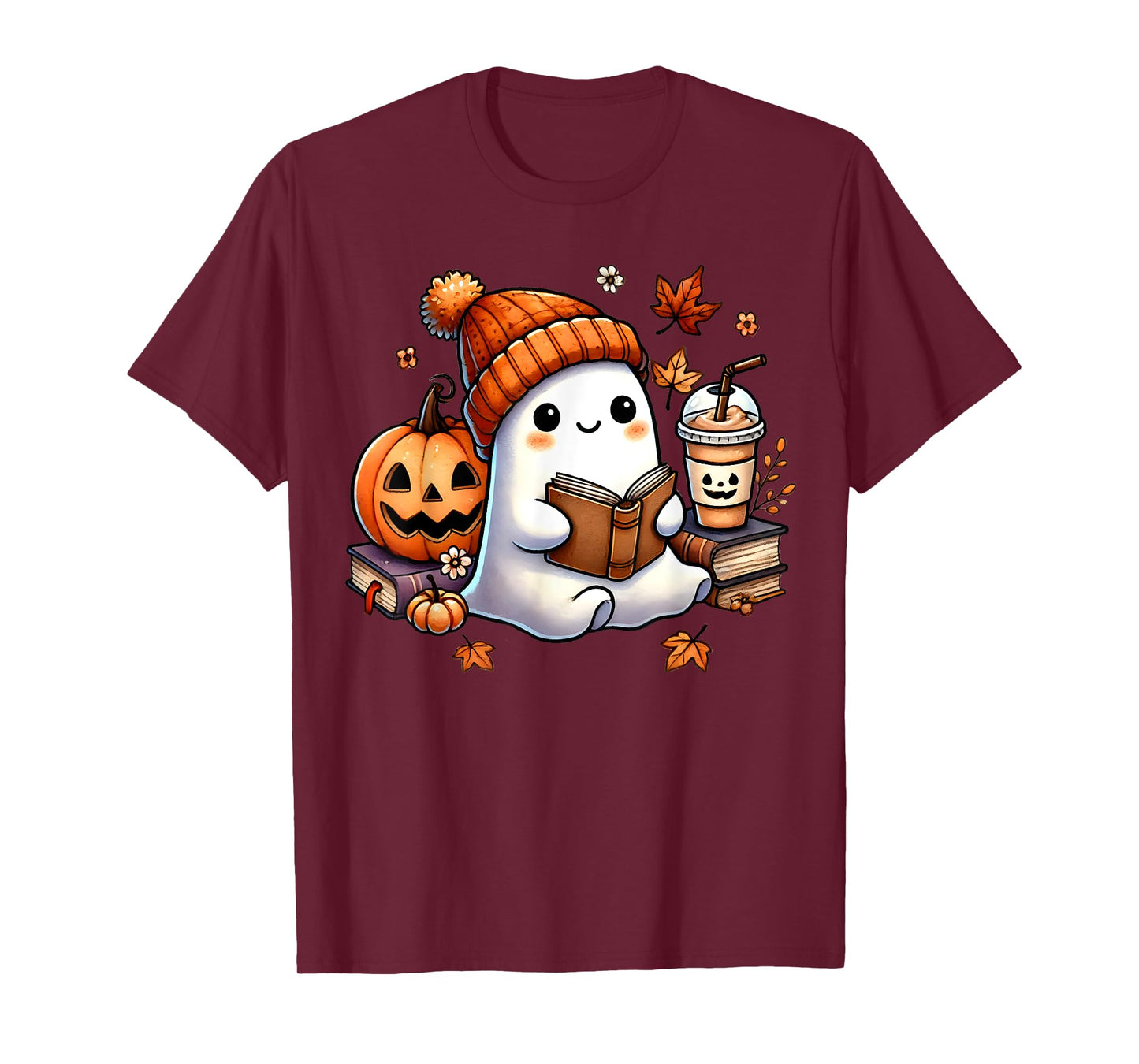 Cute Ghost Reading Book Lovers Halloween Ghost Coffee Women T-Shirt