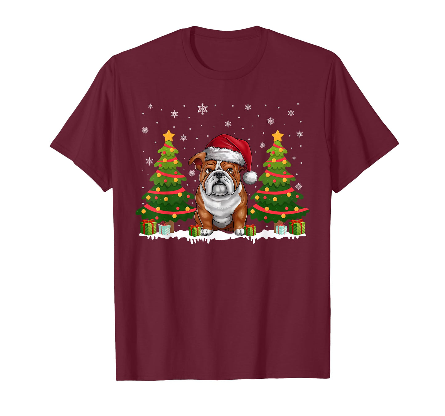 Xmas Tree Lights English Bulldog Santa Hat Christmas Sweater T-Shirt