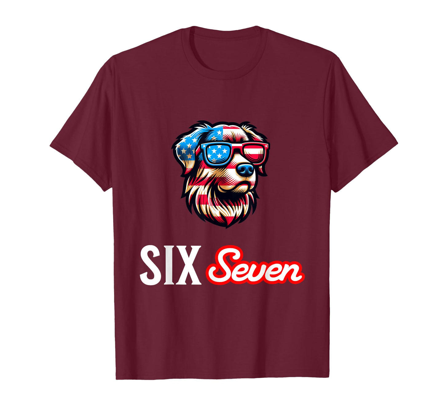 Six Seven Funny Patriotic Dog with USA Flag Glasses 6 7 Meme T-Shirt