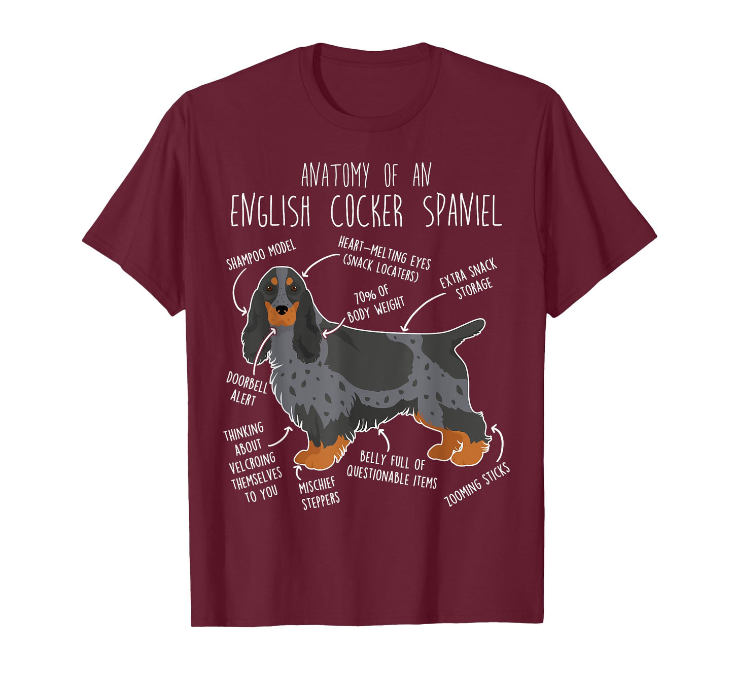 Blue Roan and Tan English Cocker Spaniel Dog Anatomy, Funny T-Shirt