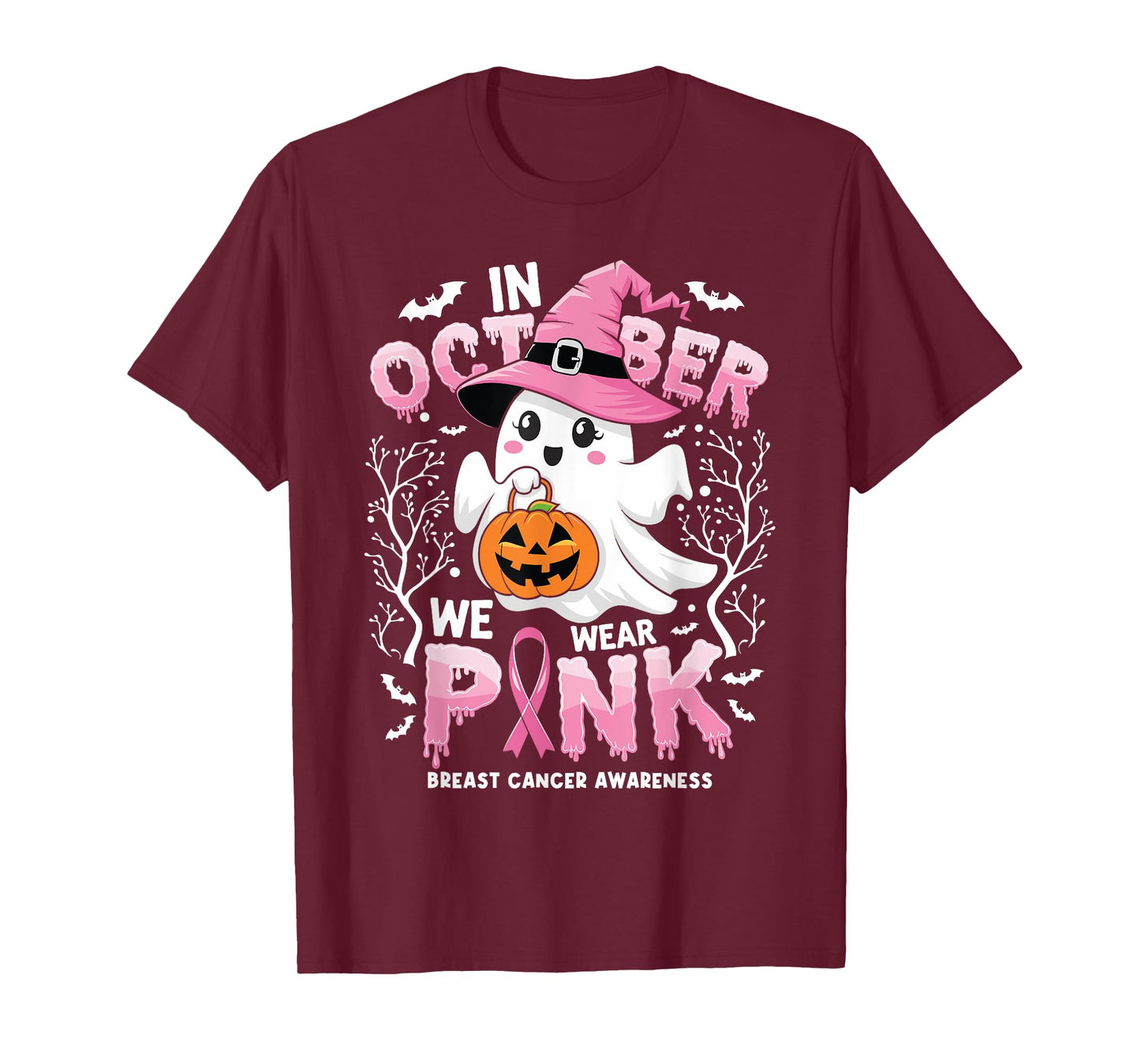 In October We Wear Pink Ghost Witch Breast Cancer Awareness T-Shirt