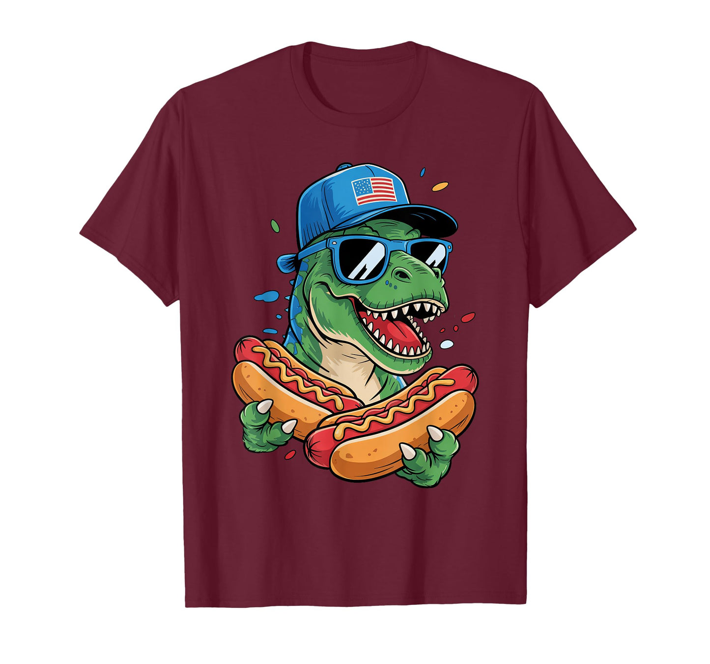 T Rex Wearing USA Hat Sunglasses Hotdog Independence Day T-Shirt