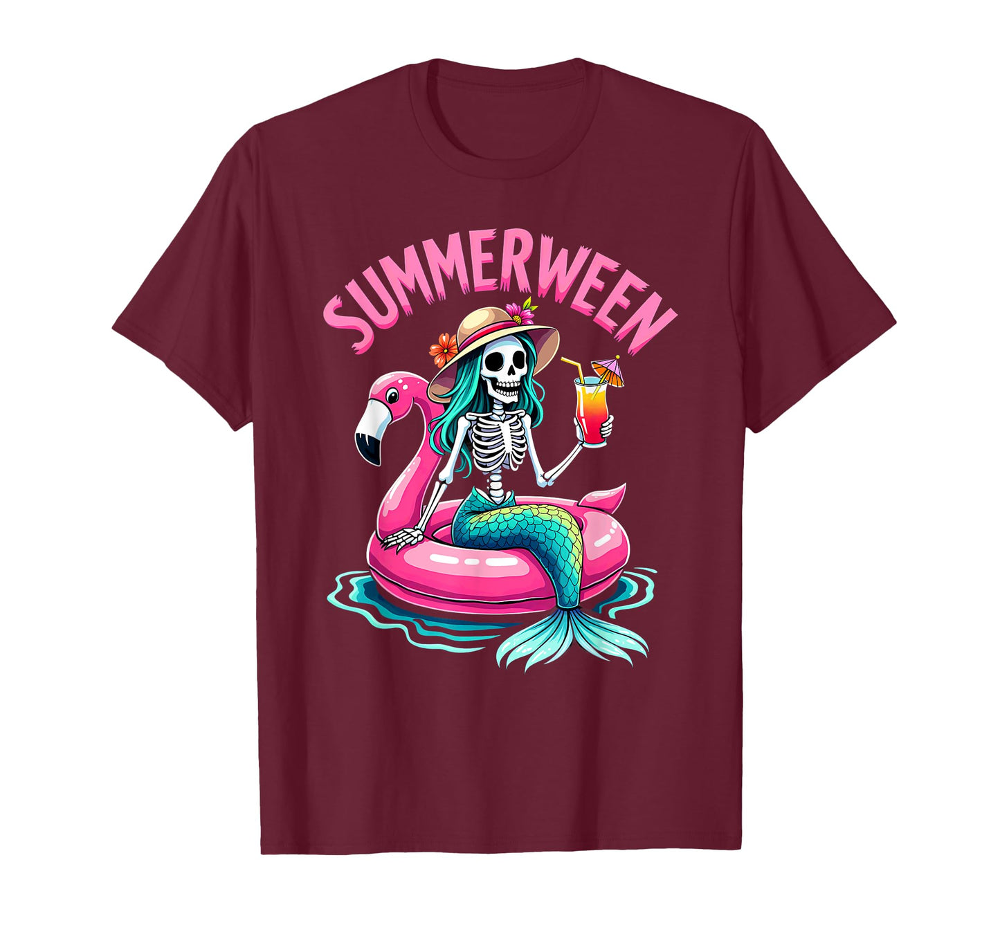 Summerween Mermaid Skeleton Beach Flamingo Halloween Girl T-Shirt