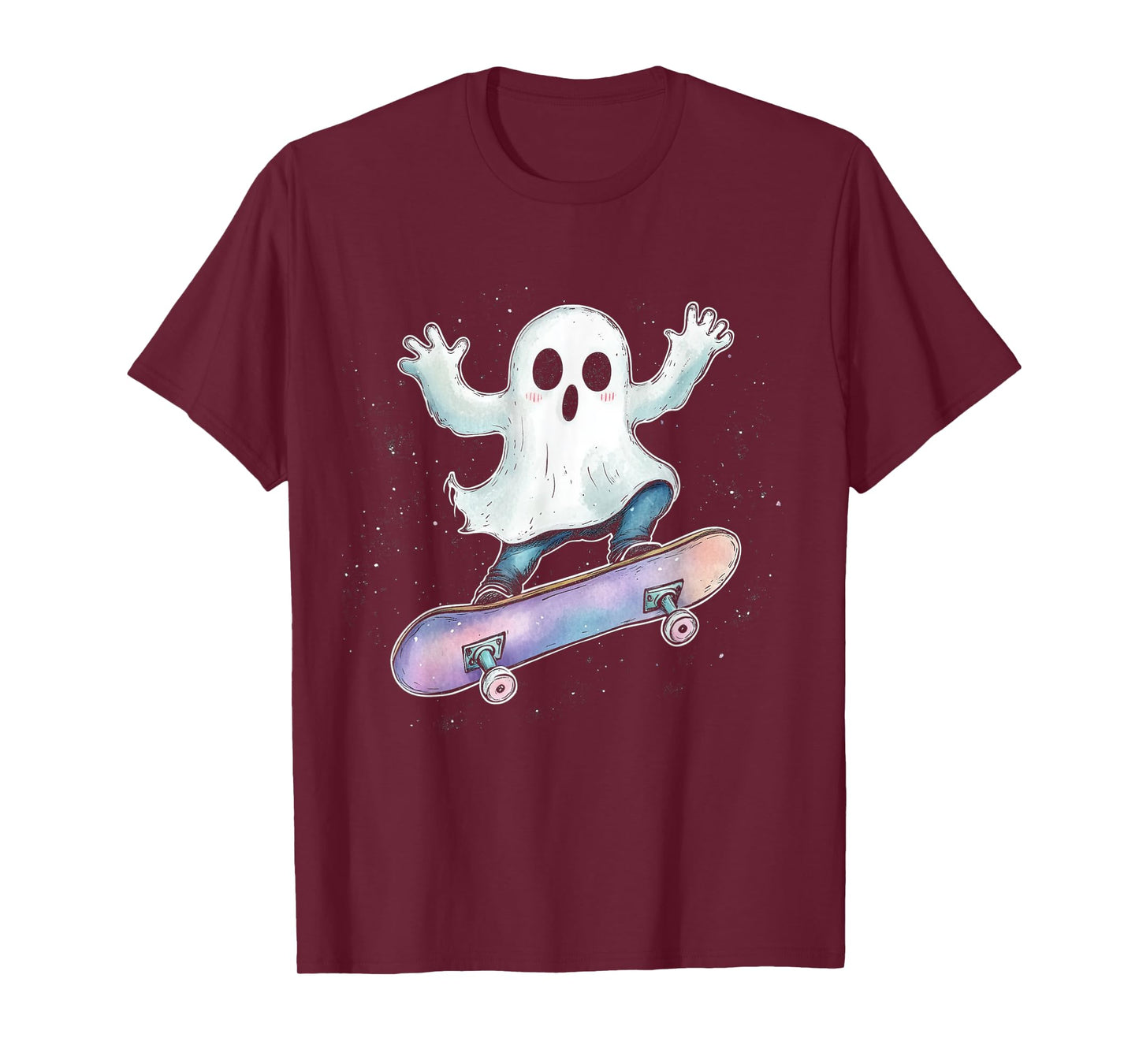 Cute Ghost On Skateboard Funny Halloween Skater T-Shirt