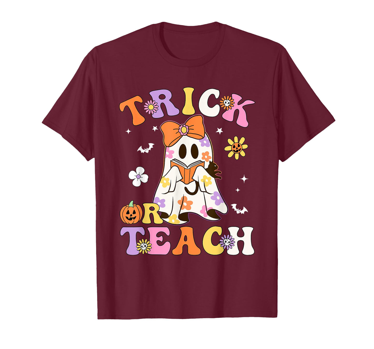 Trick or Teach Groovy Halloween Floral Ghost Teacher T-Shirt