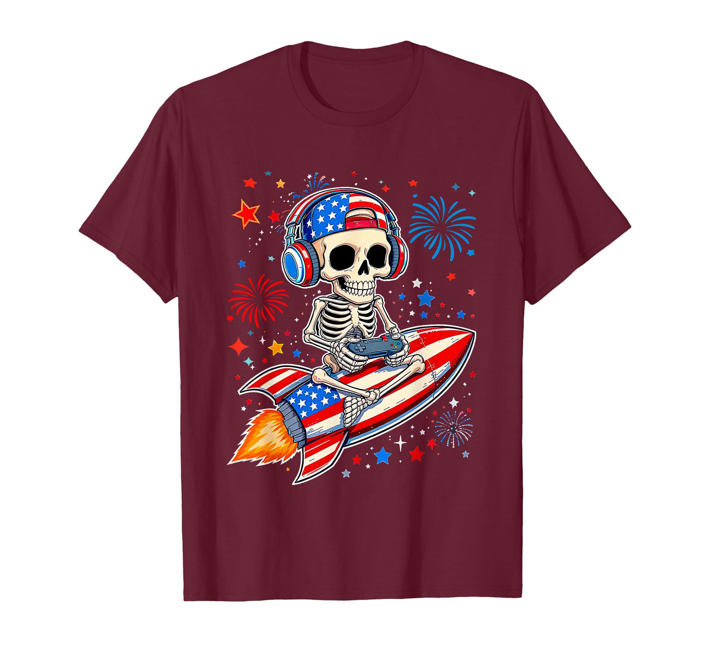 Skeleton Gamer 4th of July American Flag Gaming Boys Kids T-Shirt