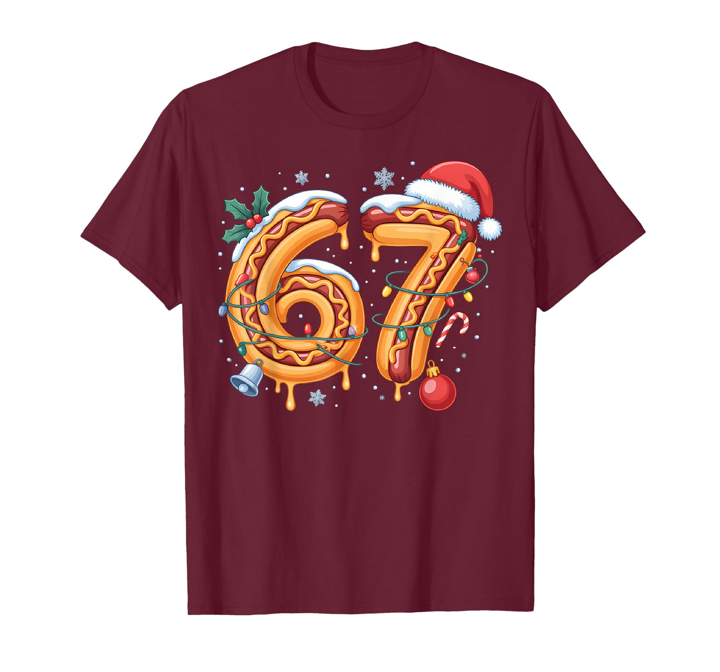 67 Hot Dog Christmas Lights Santa Hat Funny Six Seven Meme T-Shirt