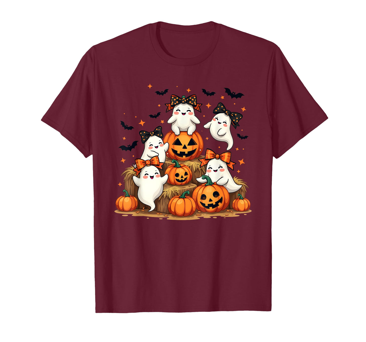 Cute Ghosts in Coquette Bows, with Bats and Pumpkins T-Shirt