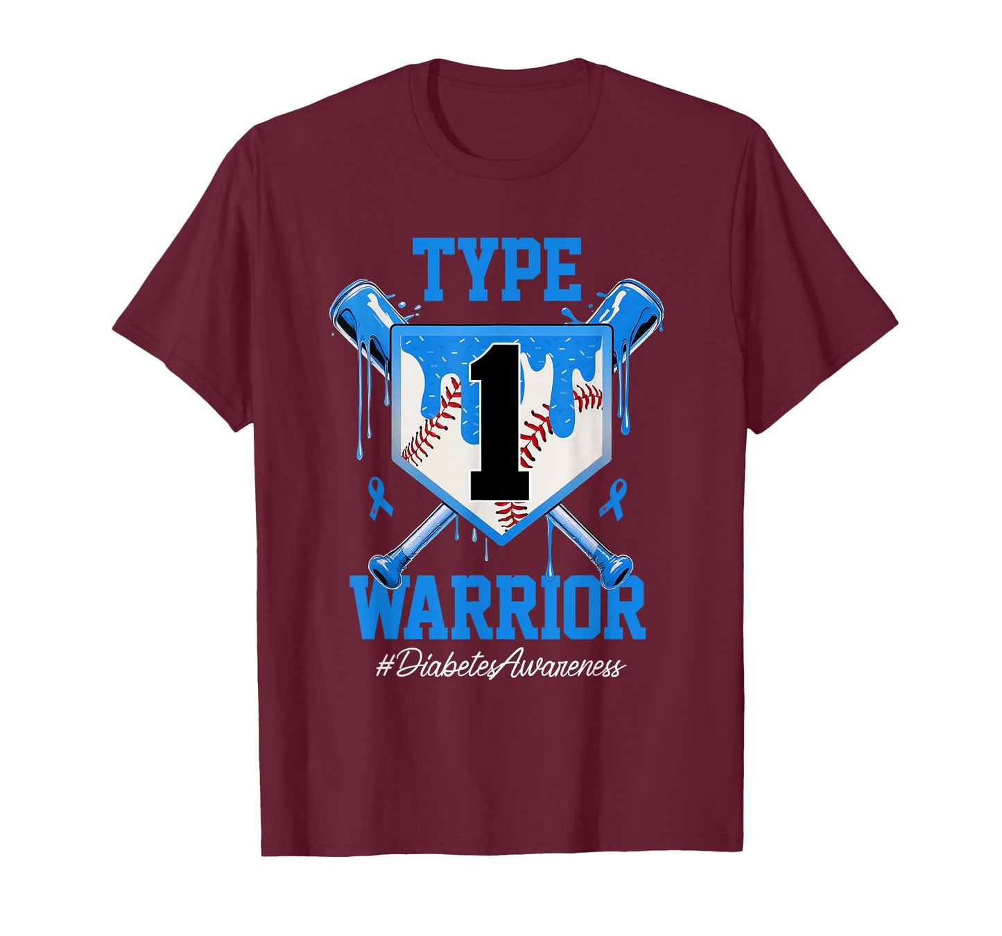 T1D Warrior Baseball Drip Diabetes Awareness Blue Ribbon T-Shirt