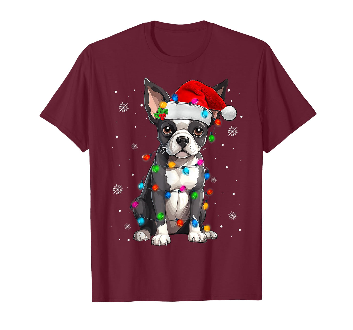 Boston Terrier Christmas Santa Hat Tree Lights Pajama T-Shirt