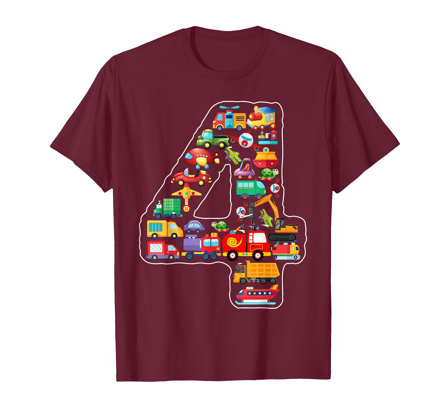 Kids 4th Birthday For Boys Cars Vehicles Fire Truck Airplane T-Shirt