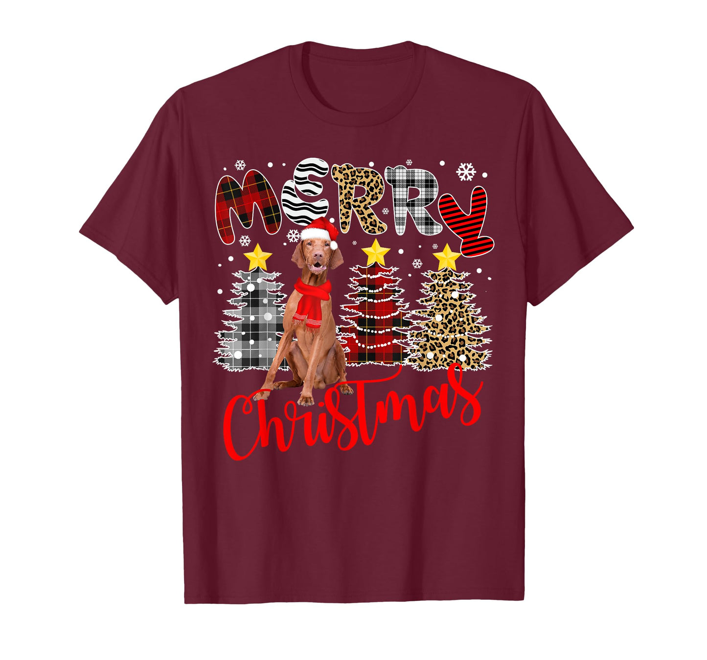 Vizsla Merry Christmas Tree Leopard Plaid Printed T-Shirt