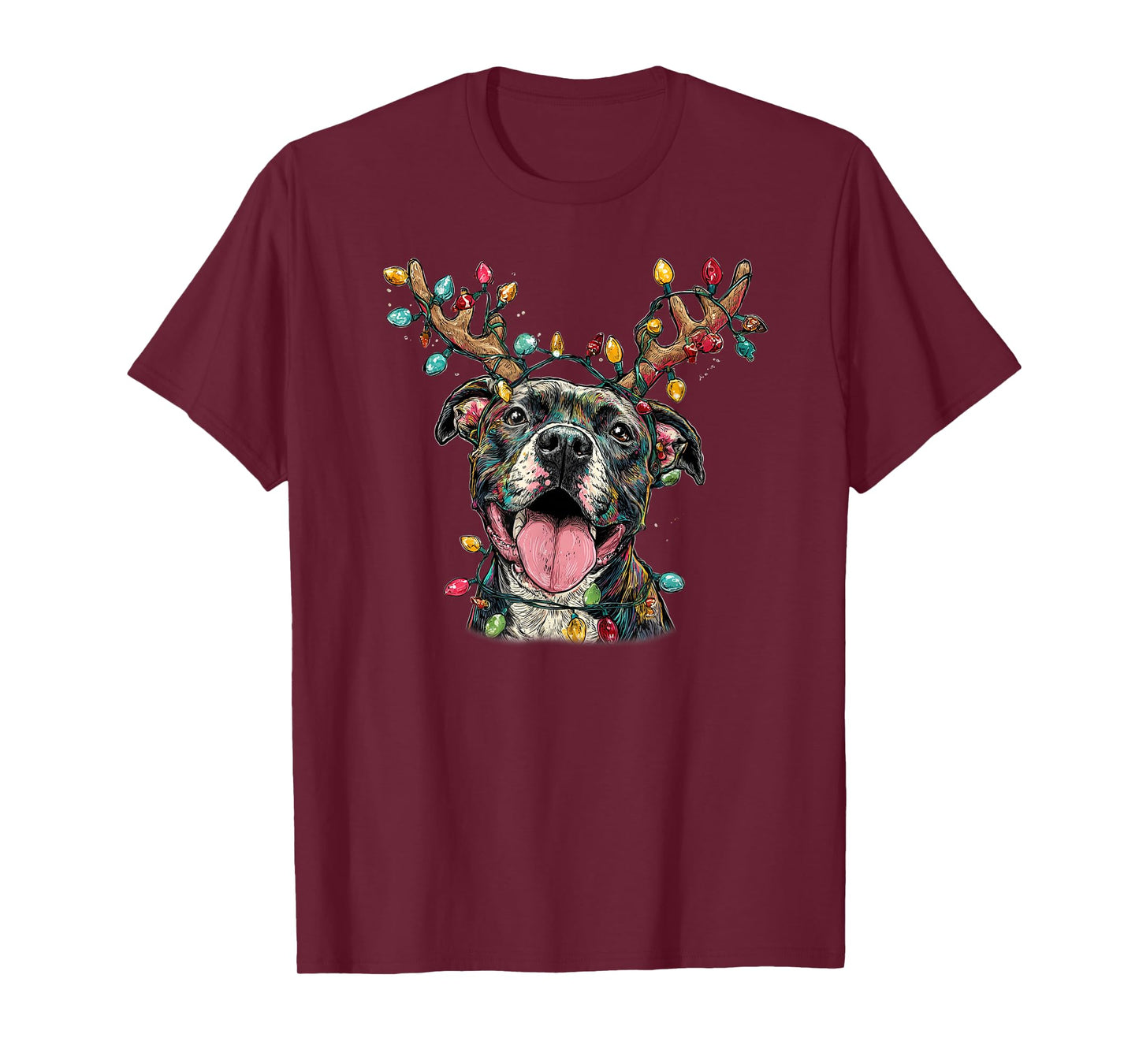 Santa Pitbull Reindeer Light Christmas T-Shirt