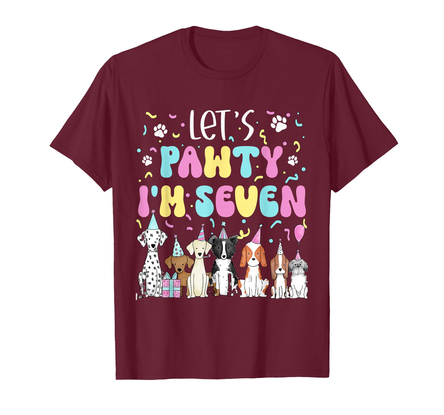 Kids Lets Pawty I'm Seven Pet Puppy Dog Theme Birthday Party T-Shirt
