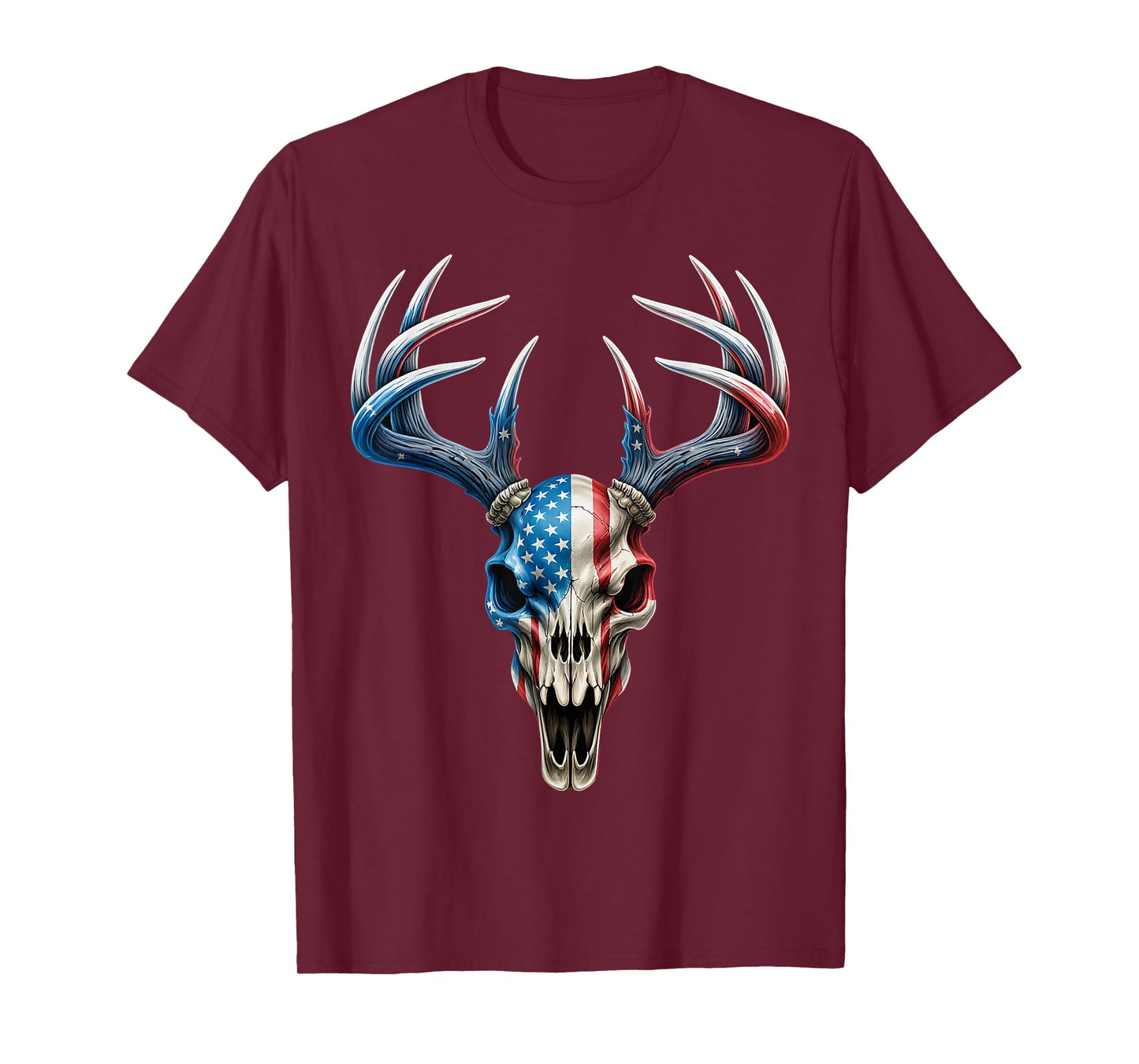 Whitetail Deer Hunting - American Flag on Buck Skull T-Shirt