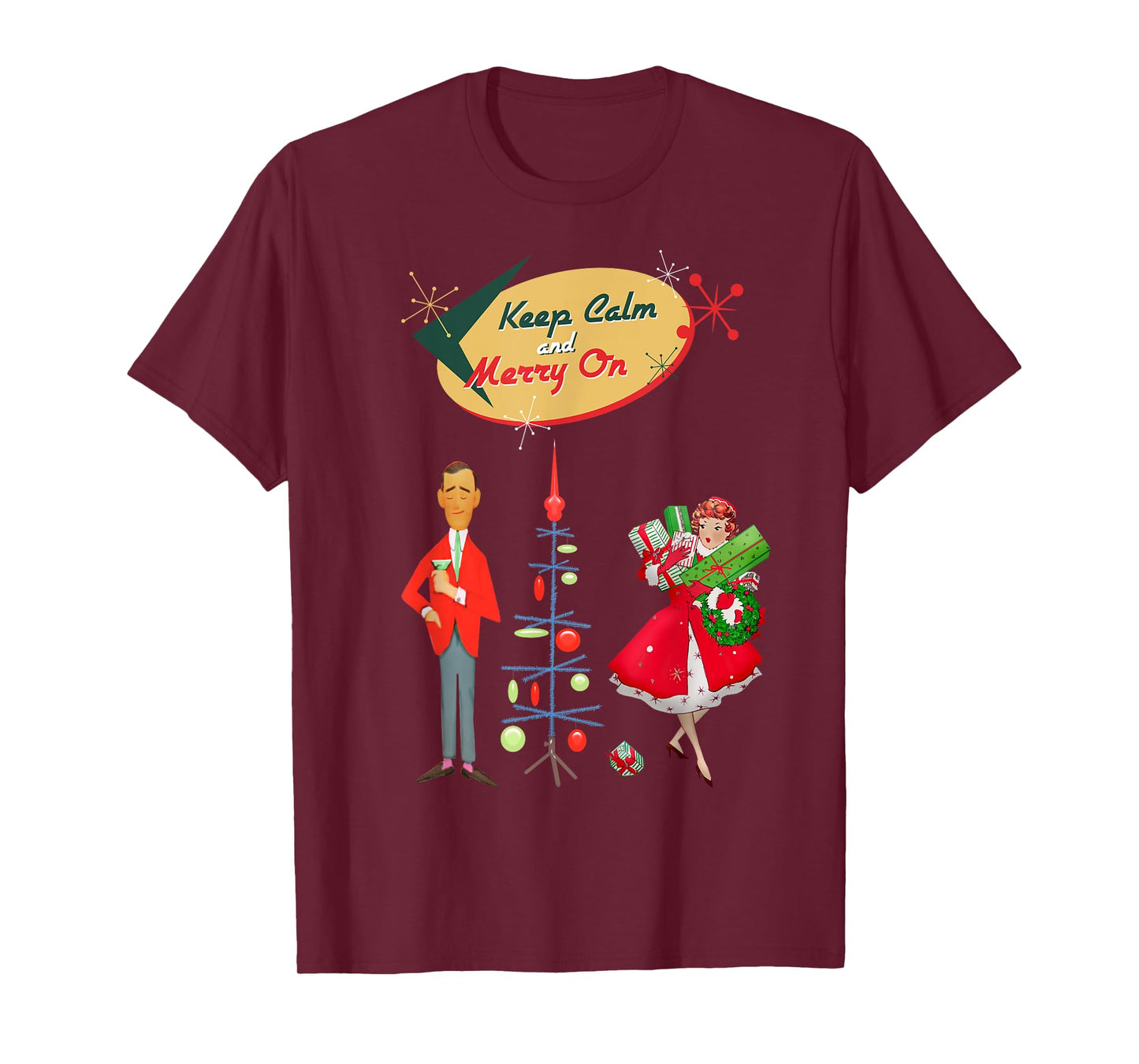 Retro Mid Century Christmas Keep Calm and Merry On Funny T-Shirt