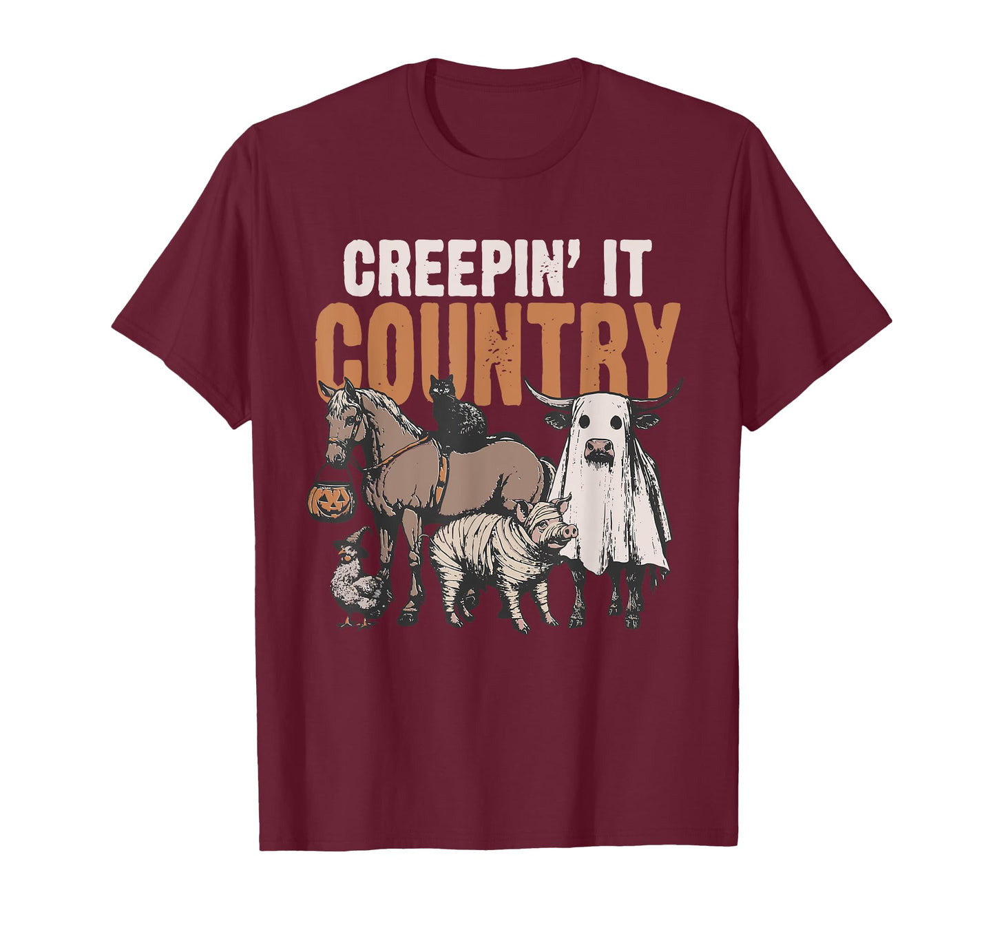 Creepin' It Country Halloween Farm Animal Cow Black Cat Pig T-Shirt