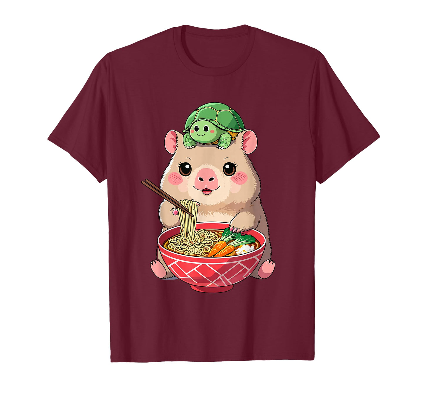 Cute Kawaii Capybara Eating Noodles with Turtle on Head T-Shirt