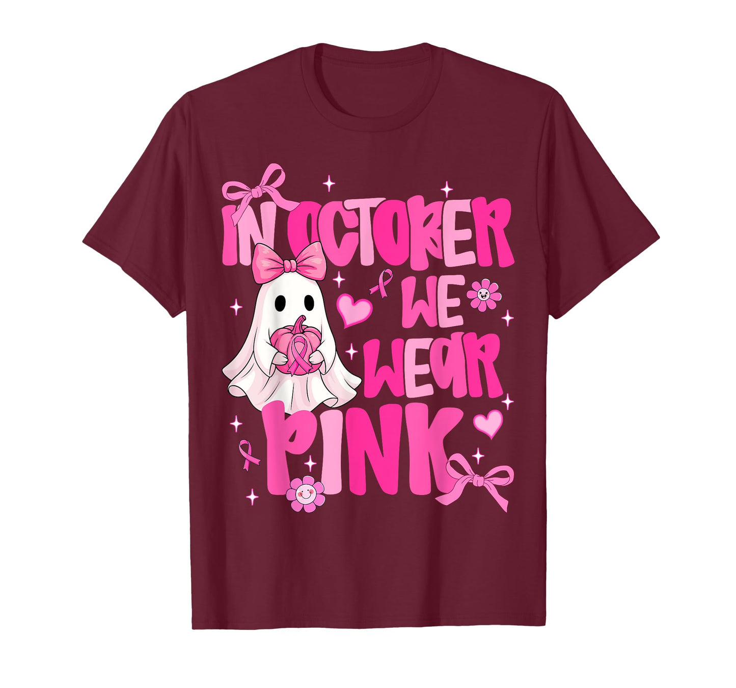 In October We Wear Pink Cute Ghost Halloween Breast Cancer T-Shirt