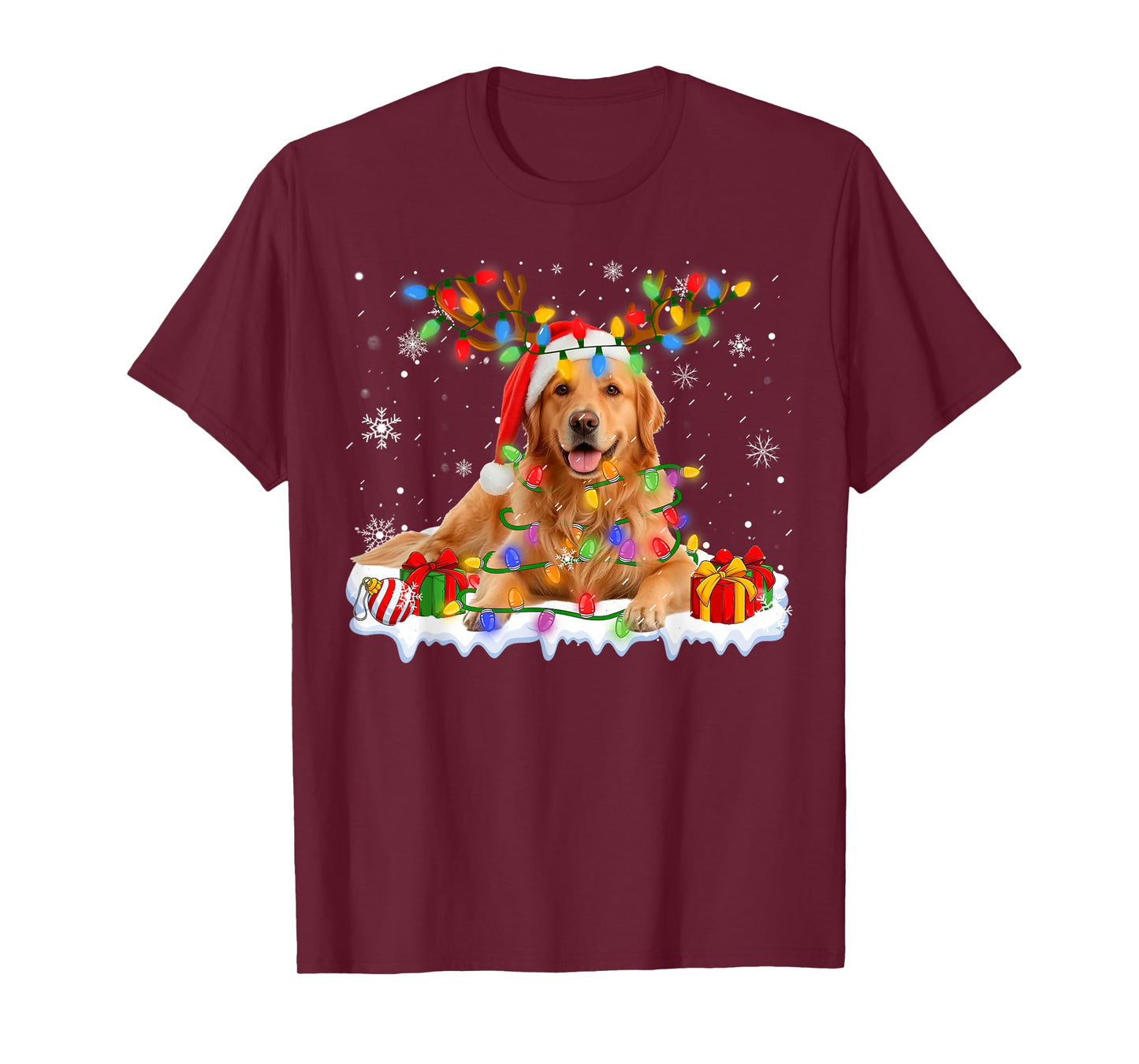 Funny Golden Retriever Christmas Santa Hat Reindeer Lights T-Shirt