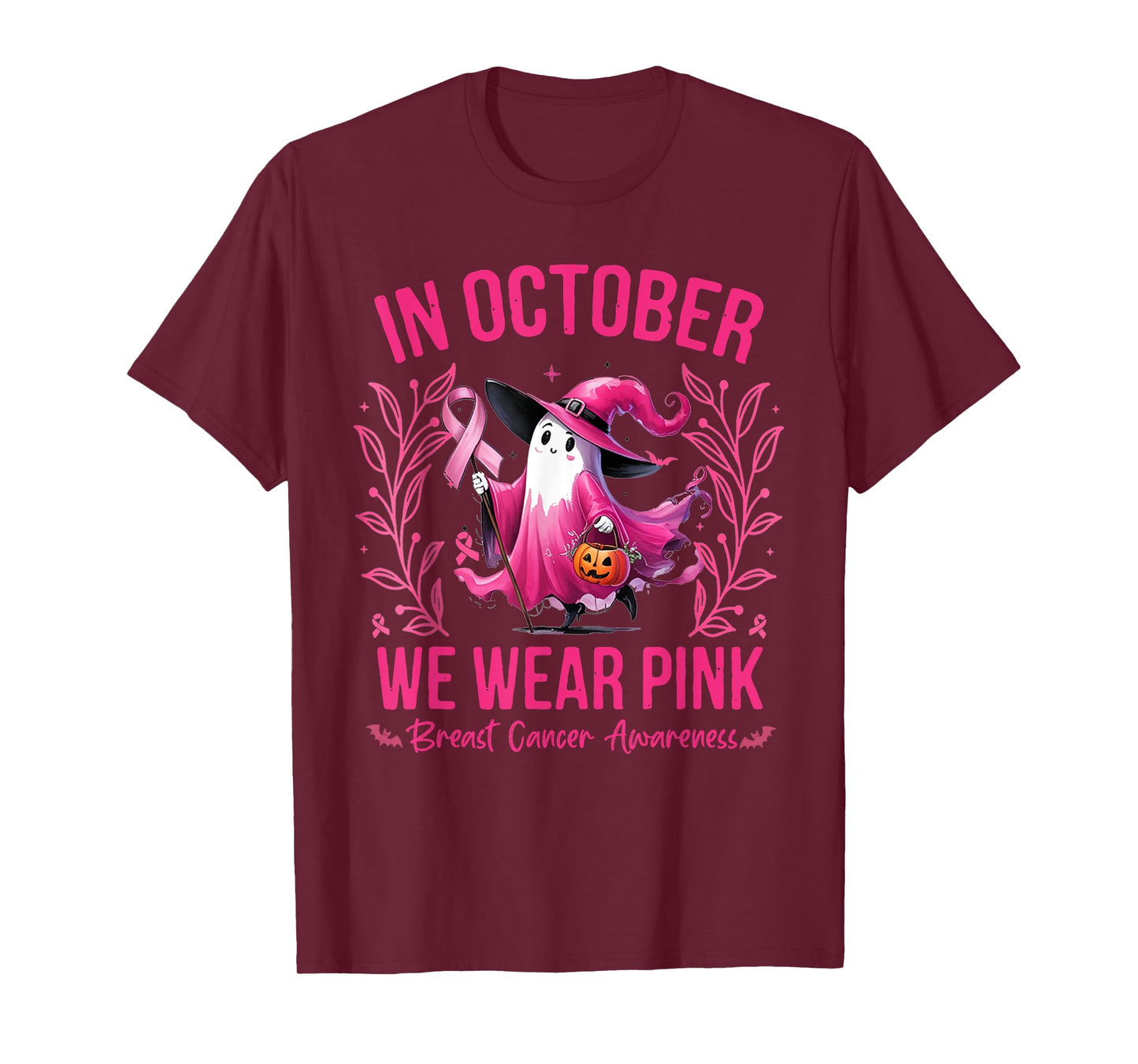 October We Wear Pink Ghost Breast Cancer Awareness Halloween T-Shirt