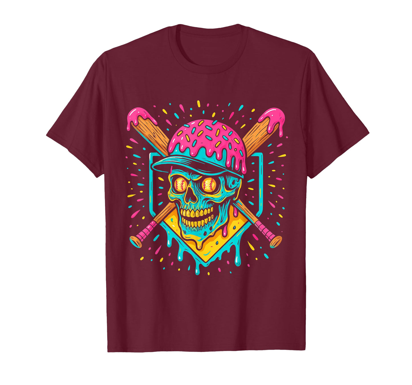 Baseball Home Plate Drip Ice Cream Skull Funny Baseball T-Shirt