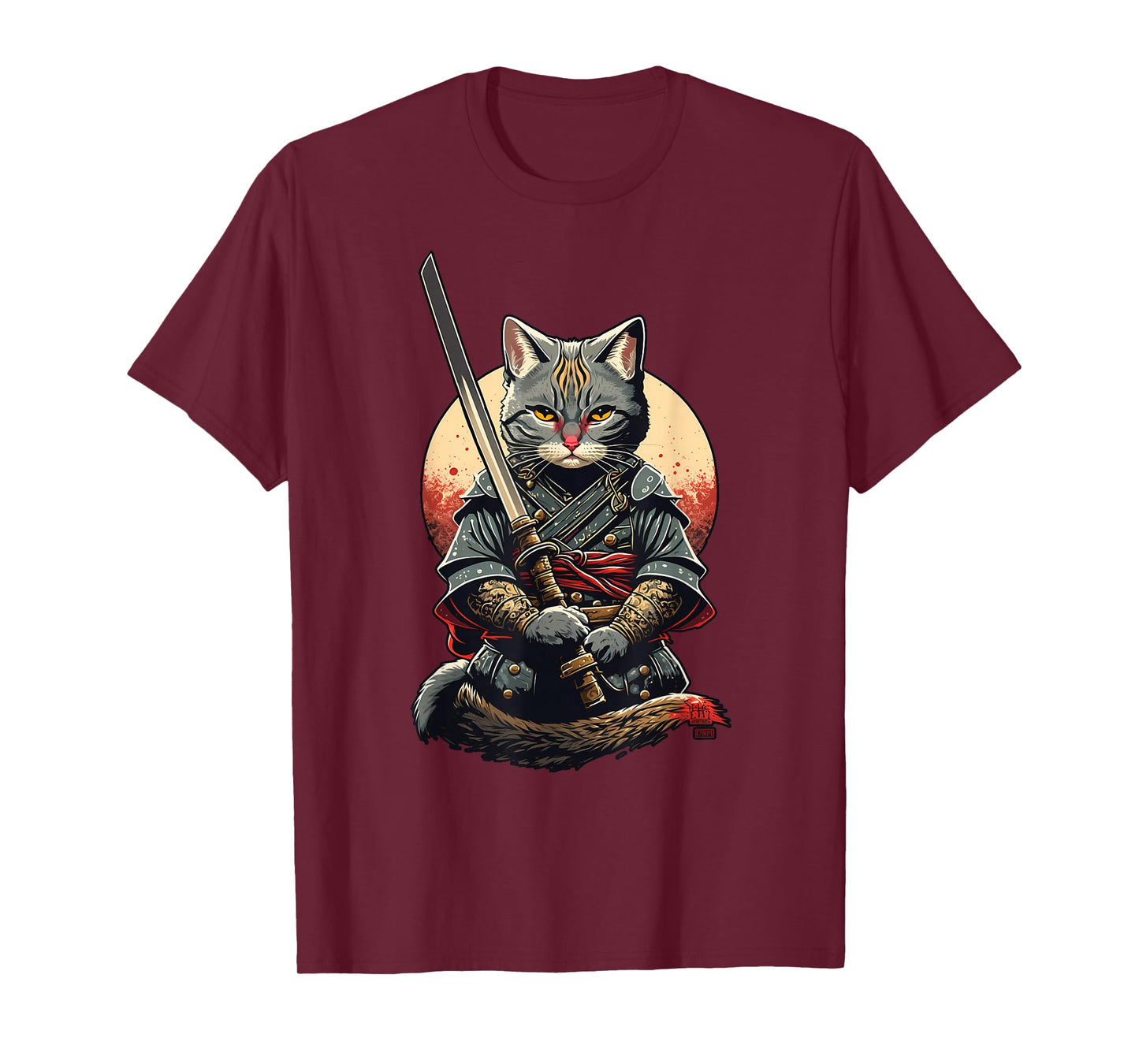 Retro Japanese Warrior Katana Ninja Cat, Samurai Kitten T-Shirt