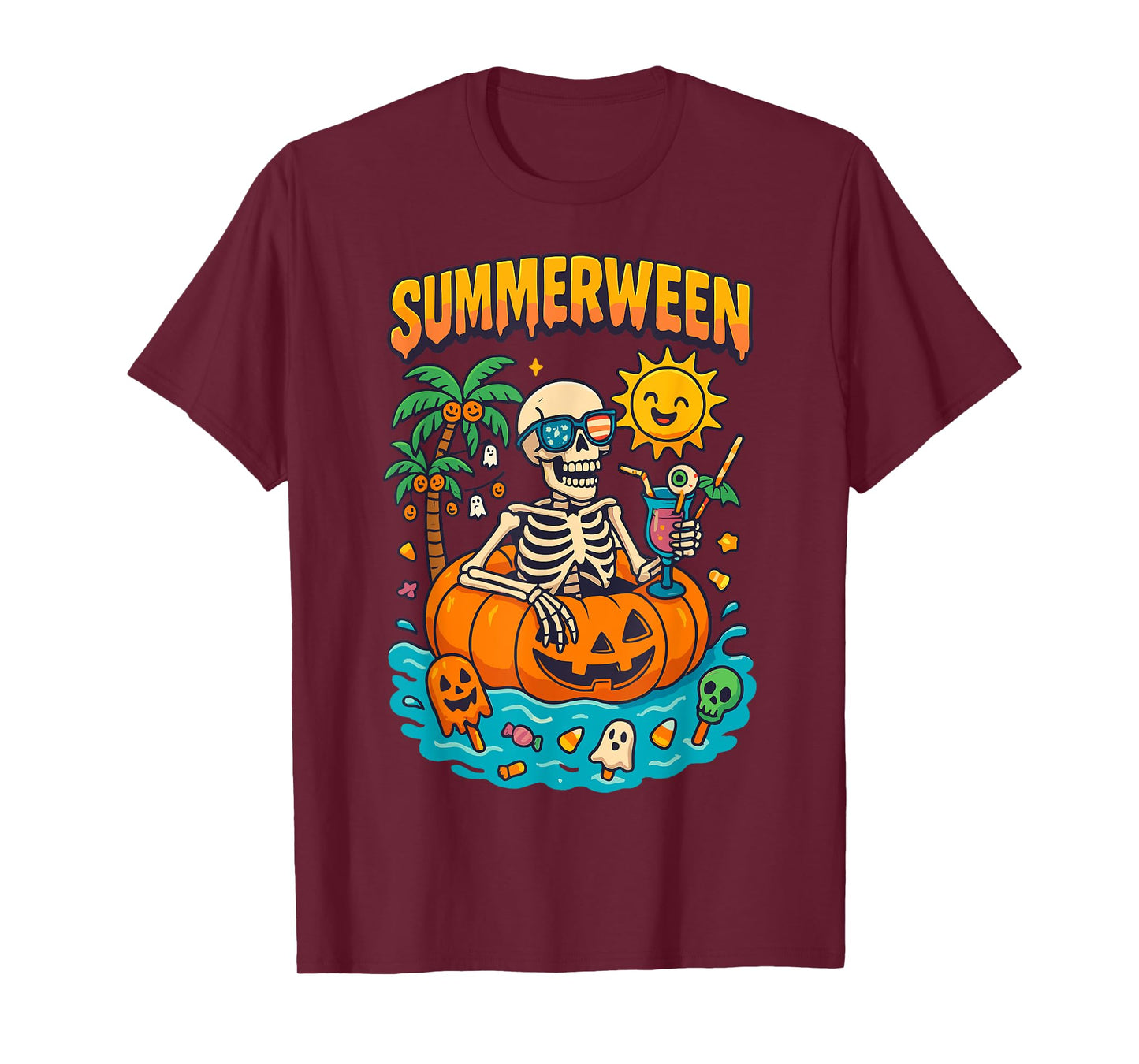Summerween Skeleton Vibes Chillin in a Pumpkin Float T-Shirt