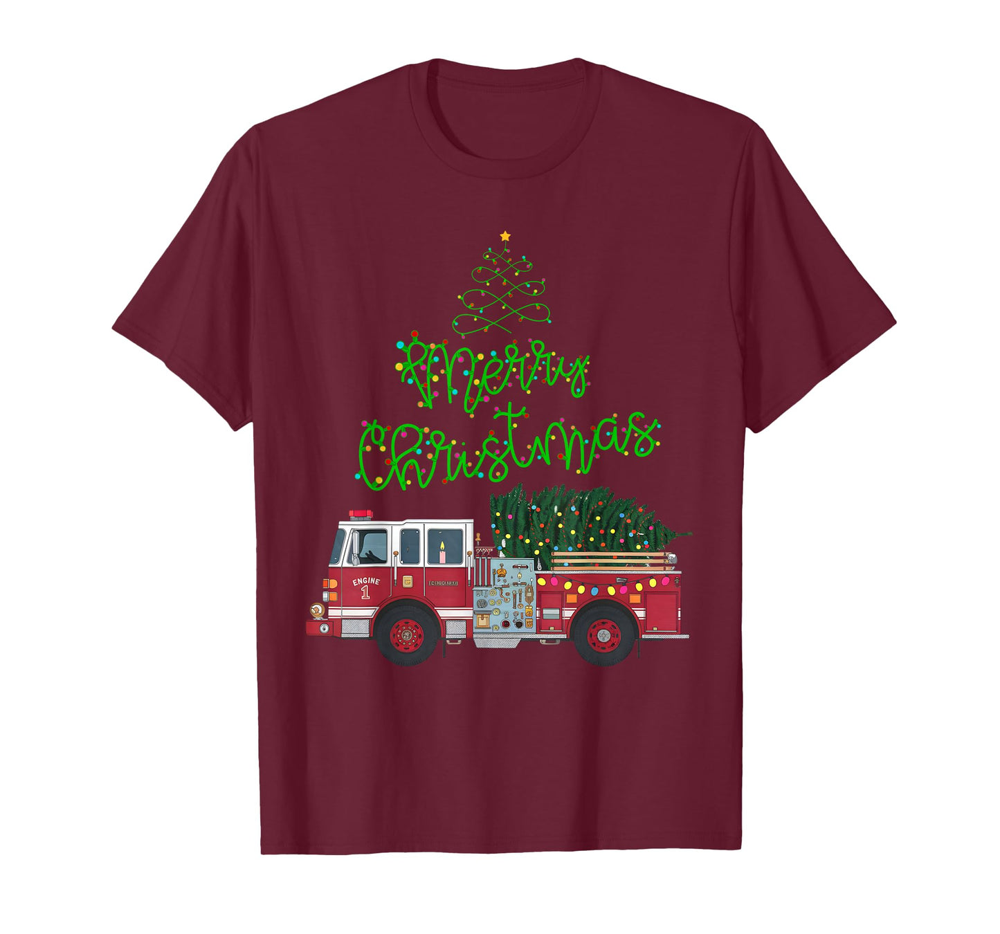 Merry Christmas Firetruck Xmas Tree Lights Boys Toddler Kids T-Shirt