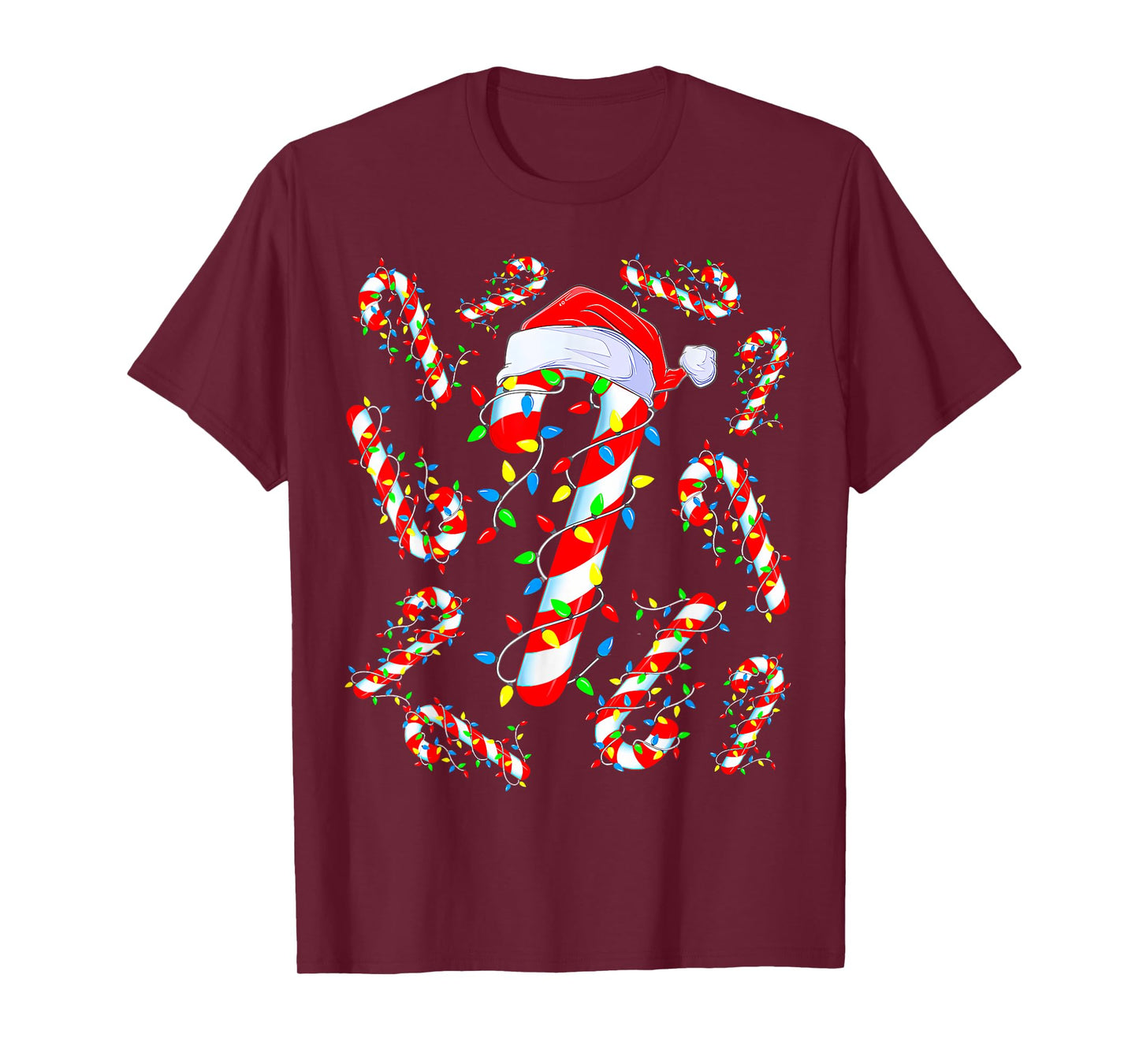 Red And White Candy Cane Santa Christmas Funny Xmas Lights T-Shirt