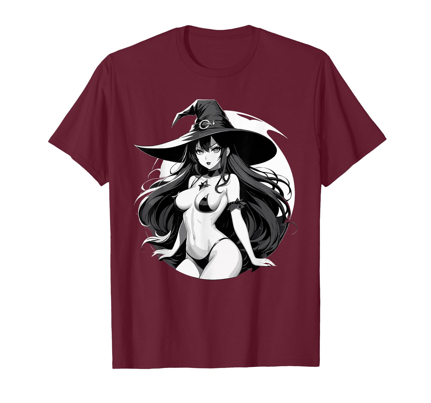 Sexy Waifu Witch Anime Girl Japanese in Black and White Art T-Shirt