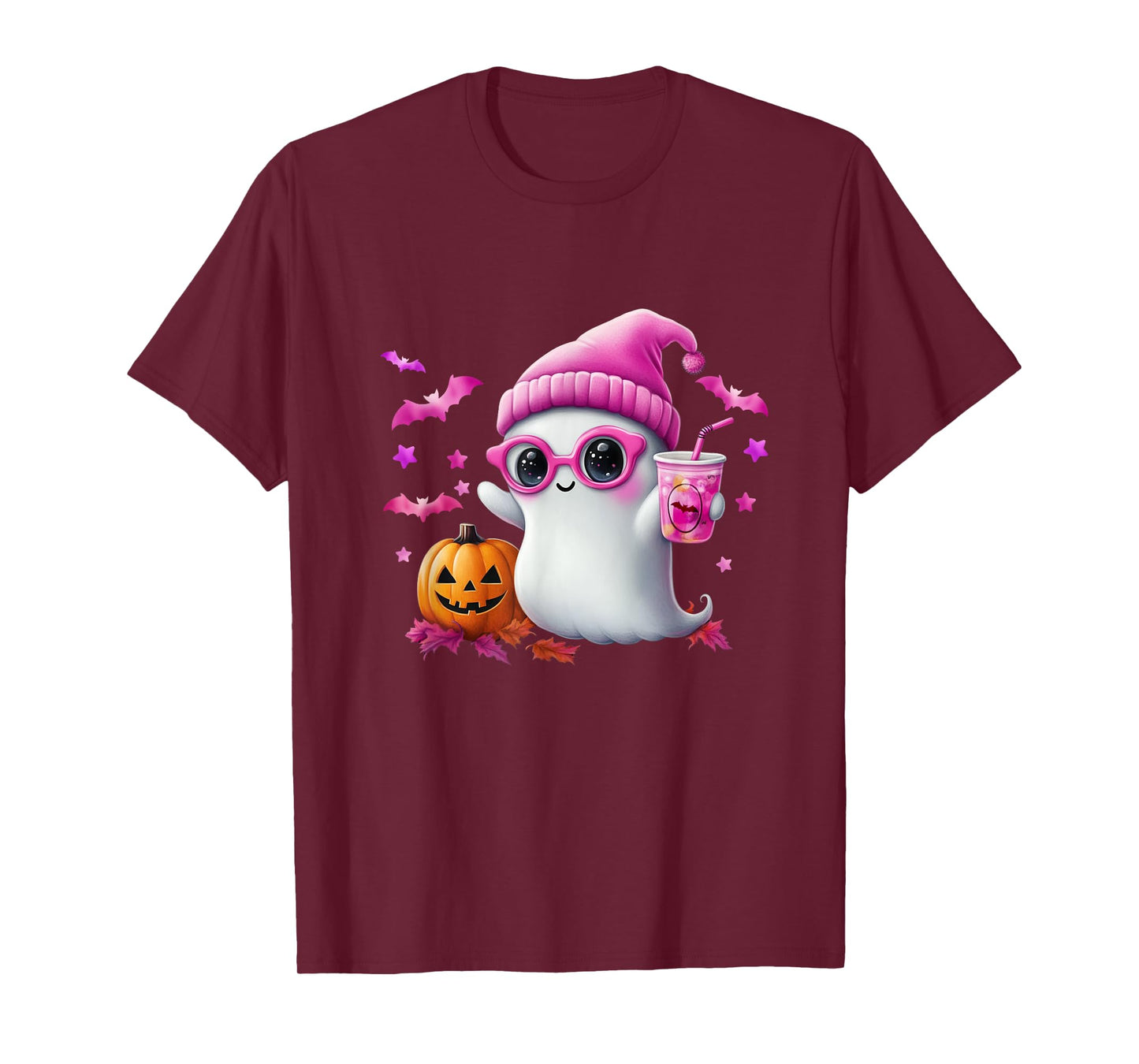 Cute Pink Ghost Halloween - Fun Retro Ghost with Pumpk T-Shirt