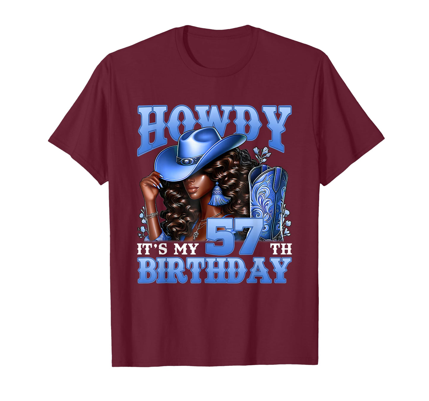 Howdy 57th Birthday Western Cowgirl Hat Boots Black Women T-Shirt