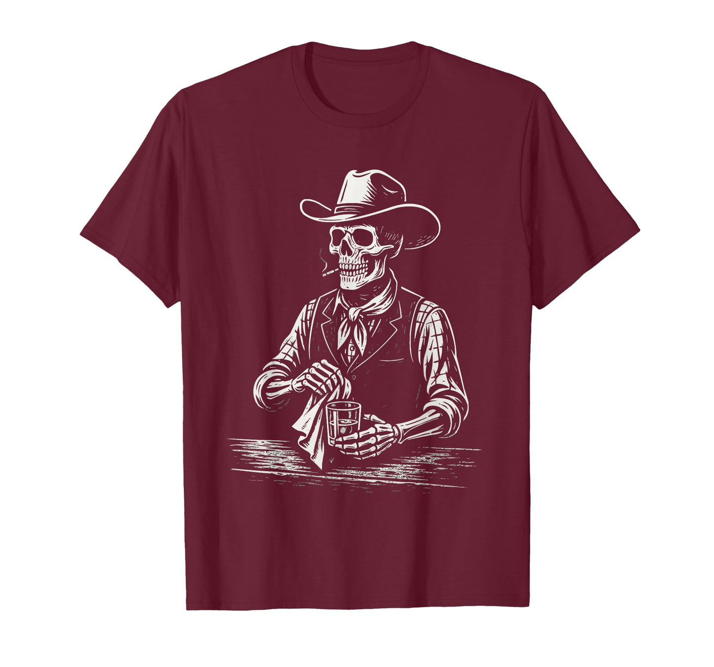 Vintage Skeleton Smoking Cowboy Bartender Western Gothic T-Shirt