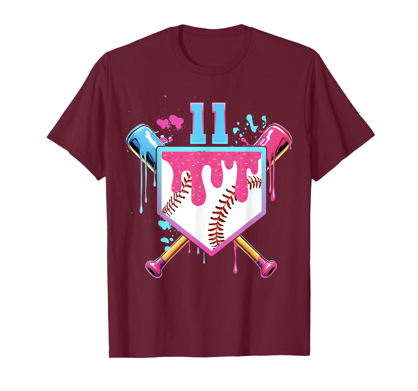 Baseball 11 Year Old Ice Cream Drip 11th Birthday Number 11 T-Shirt