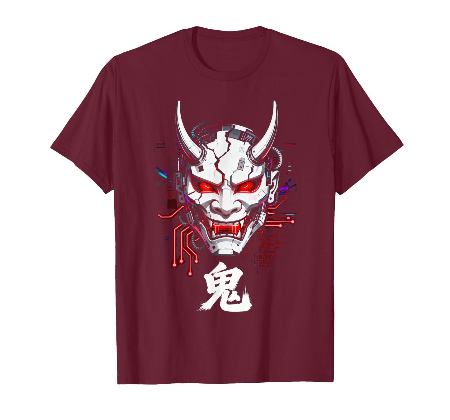 Cyberpunk Oni Mask Glitch Japanese Kanji Sci-Fi T-Shirt