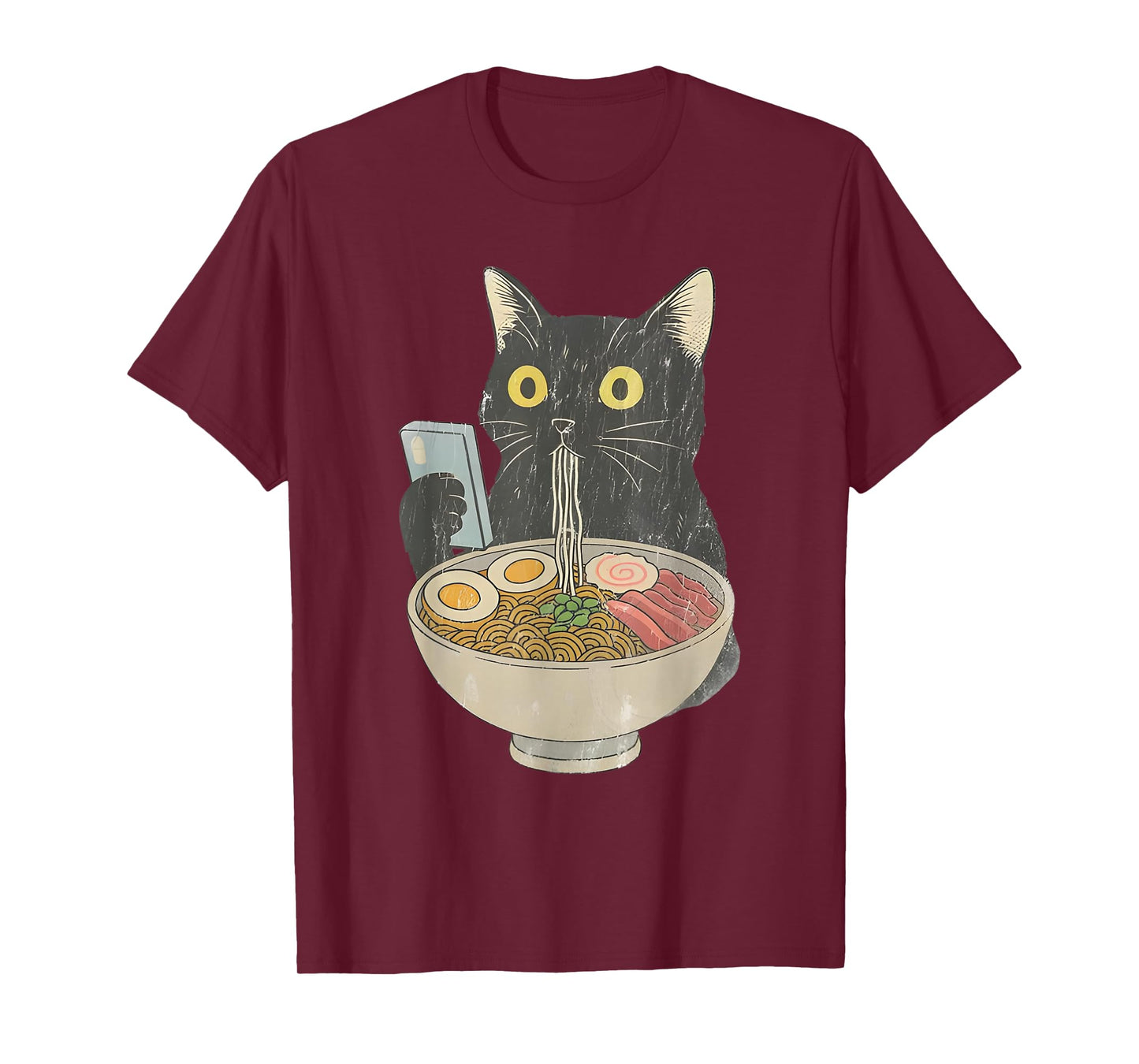 Kawaii Cat Eating Ramen Noodles with Phone Funny Anime Cats T-Shirt