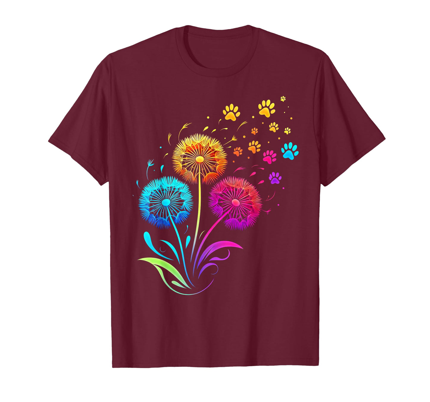 Cute Dog Paw Sunflower Dandelion Colorful Flowers Dog Paw T-Shirt