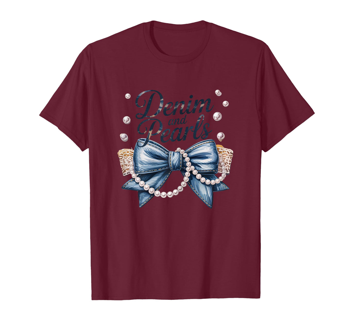Denim and Pearls Coquette Bow Denim For Ladies Pearls T-Shirt