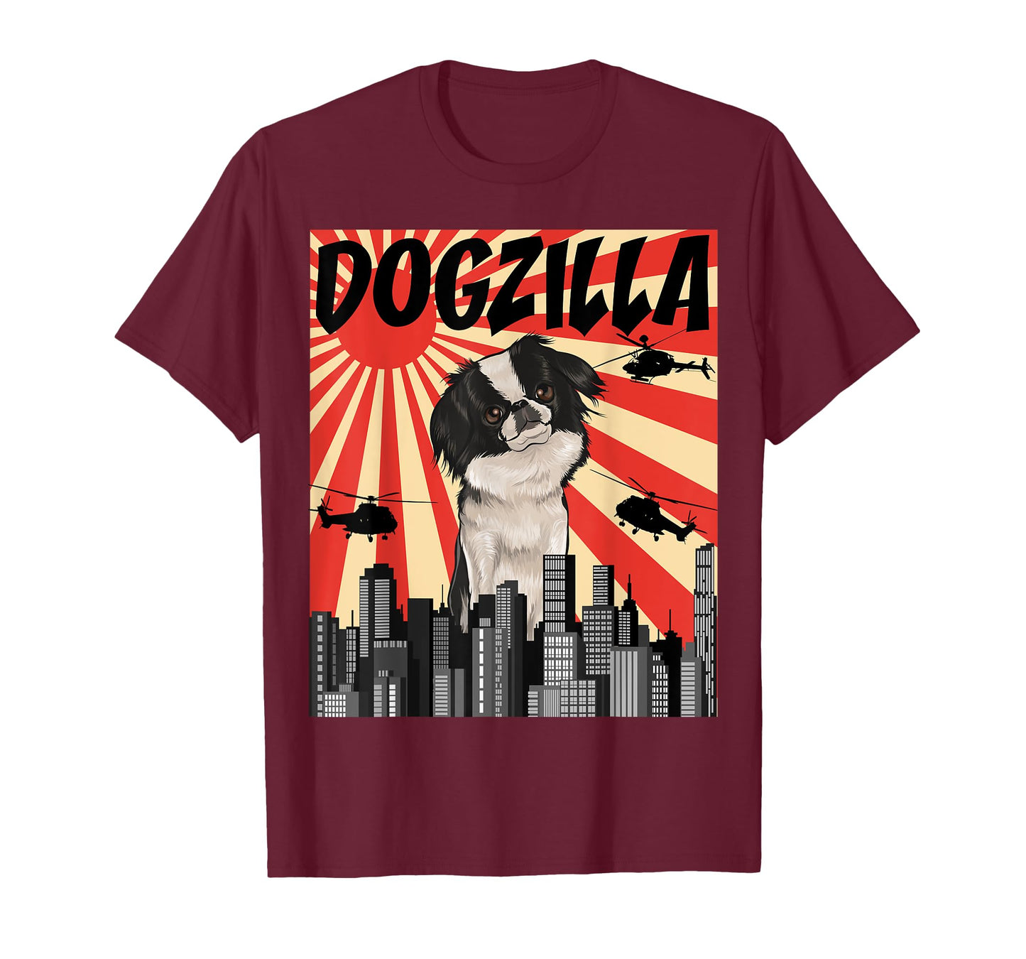 Japanese Chin Owner Gift Funny Retro Dogzilla Japanese Chin Unisex-Adults Black Modern Cartoon T-Shirt
