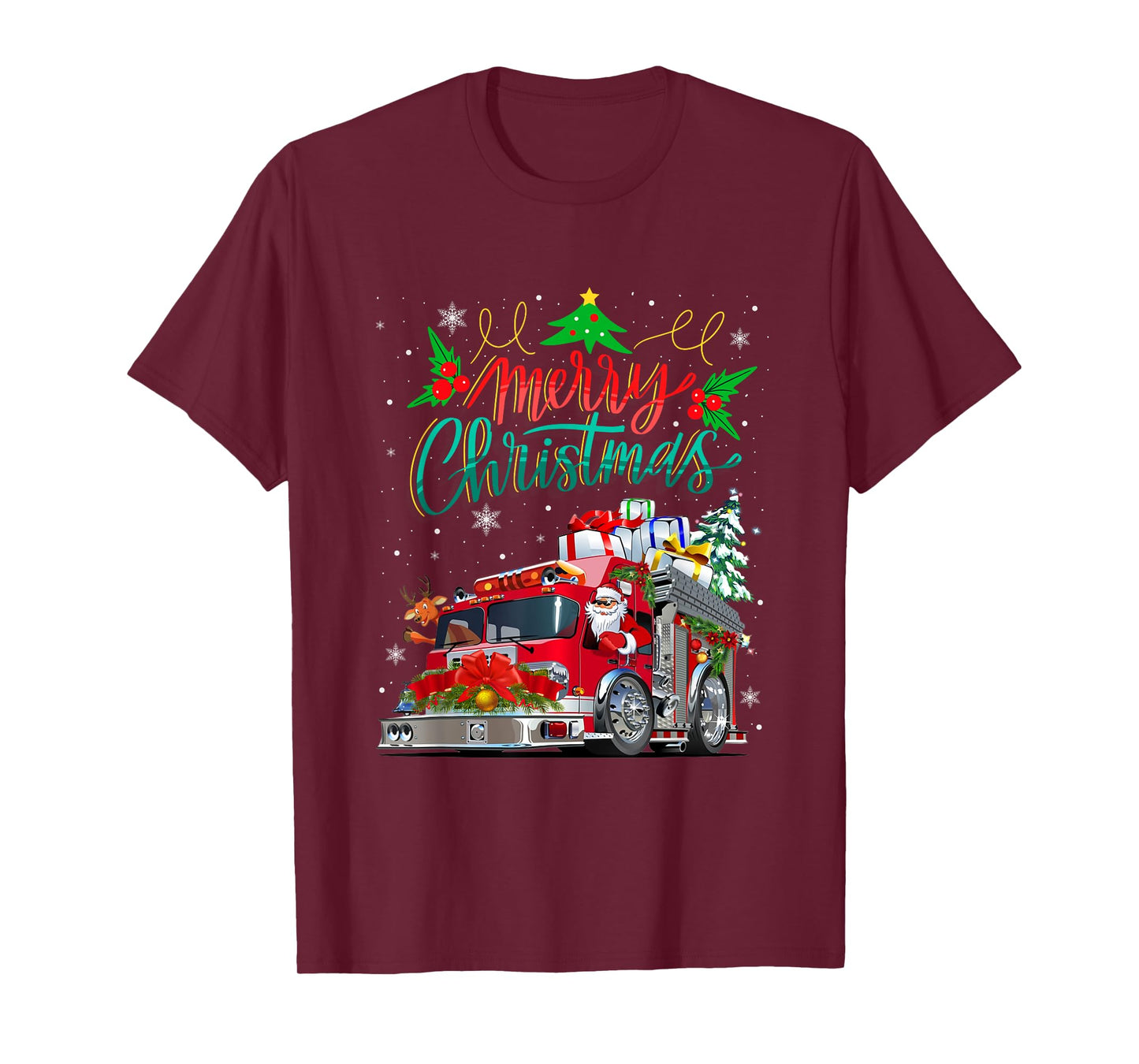 Firetruck Santa Sleigh Fireman Christmas Firefighter Xmas T-Shirt
