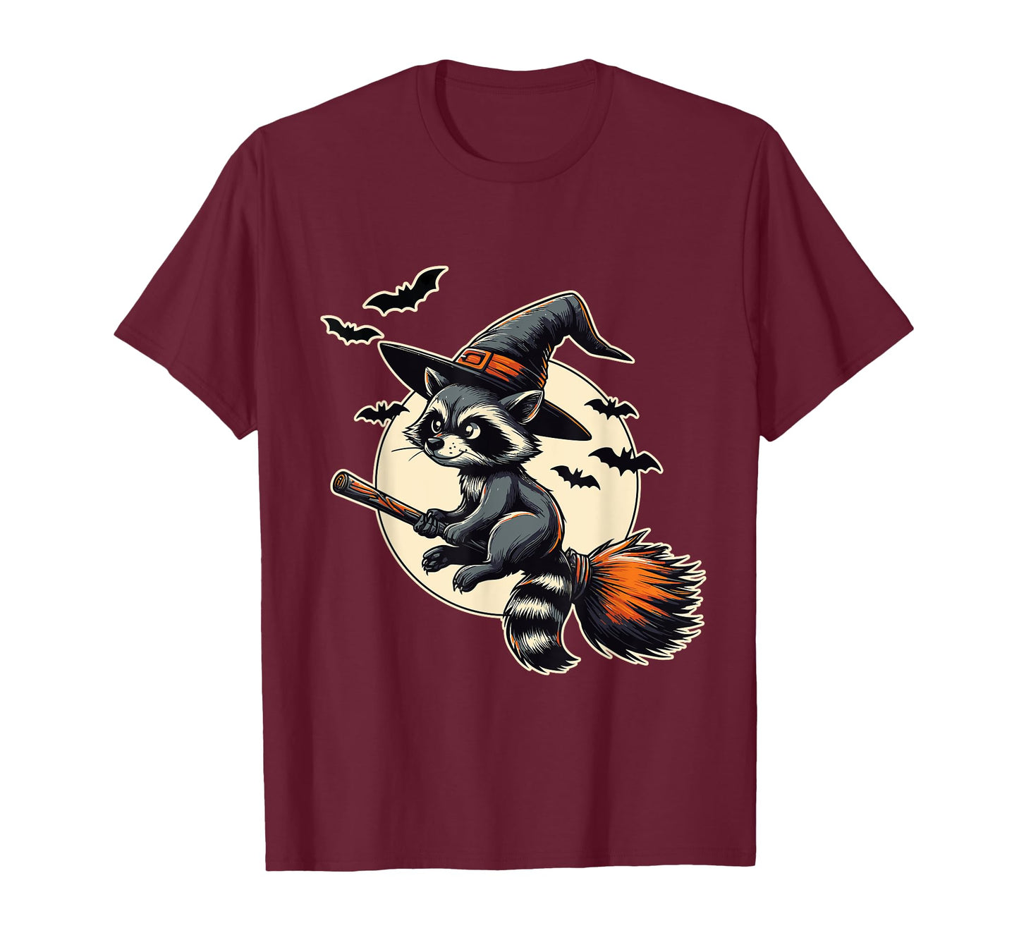 Raccoon Witch on Broom Halloween T-Shirt