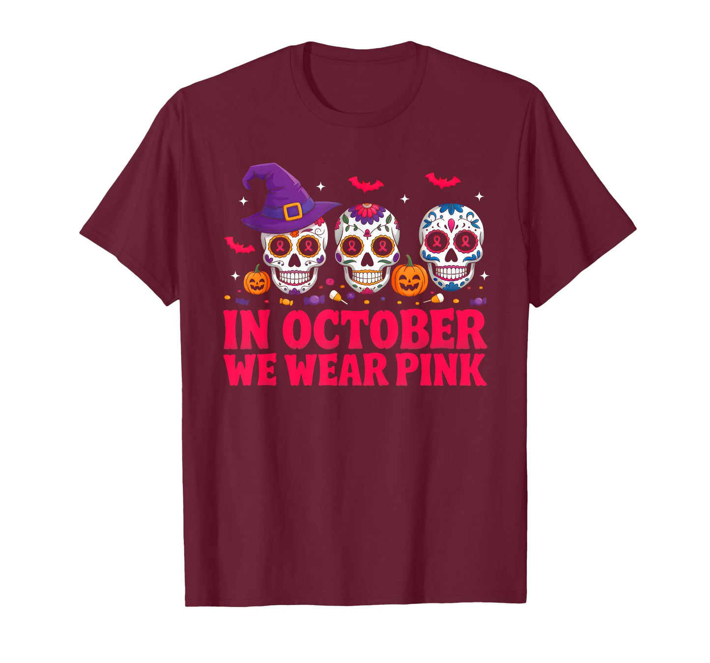 In October We Wear Pink Sugar Skull Halloween Breast Cancer T-Shirt