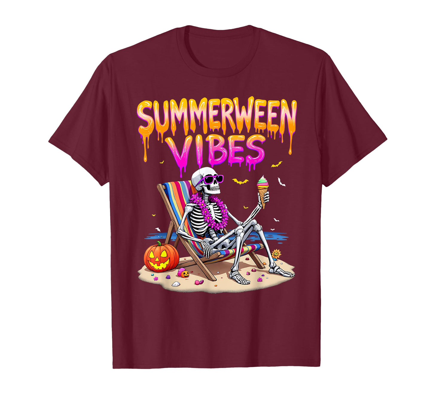 Summerween Skeleton Vibes Halloween Beach Family Vacation T-Shirt