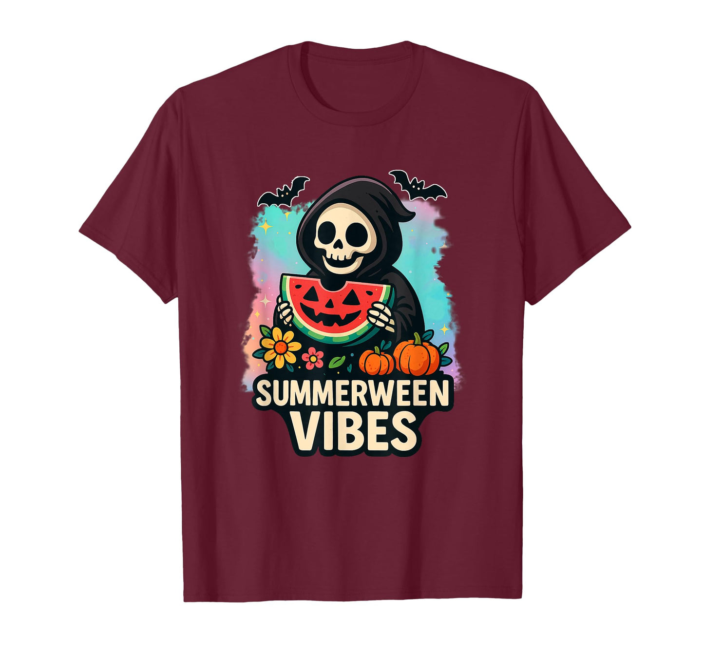 Watermelon Ghost Summerween Retro Skeleton Vibes Outfit T-Shirt