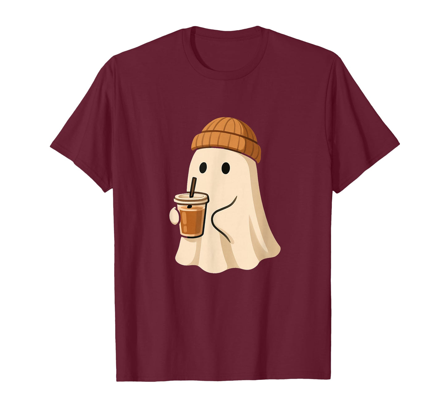 Ghost with Beanie Coffee Cup Minimal Cozy Spooky Autumn T-Shirt